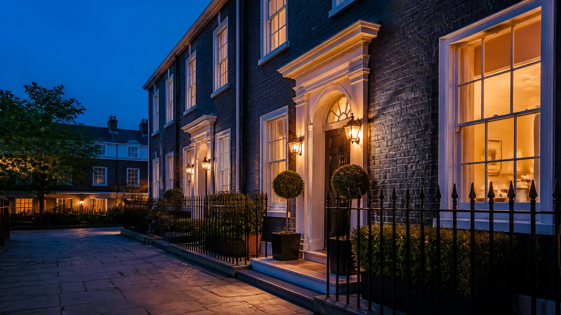 Well-kept British residential exterior at blue hour